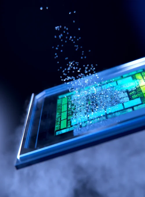 blue-glowing-microchip-with-pixelated-data-burst-amid-rising-steam